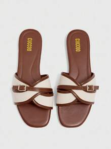 CUCCOO BIZCHIC Women's Fashion Brown Simple Buckle Color Block Flat Sandals Spring Shoes Summer Shoes - Brown - View 2