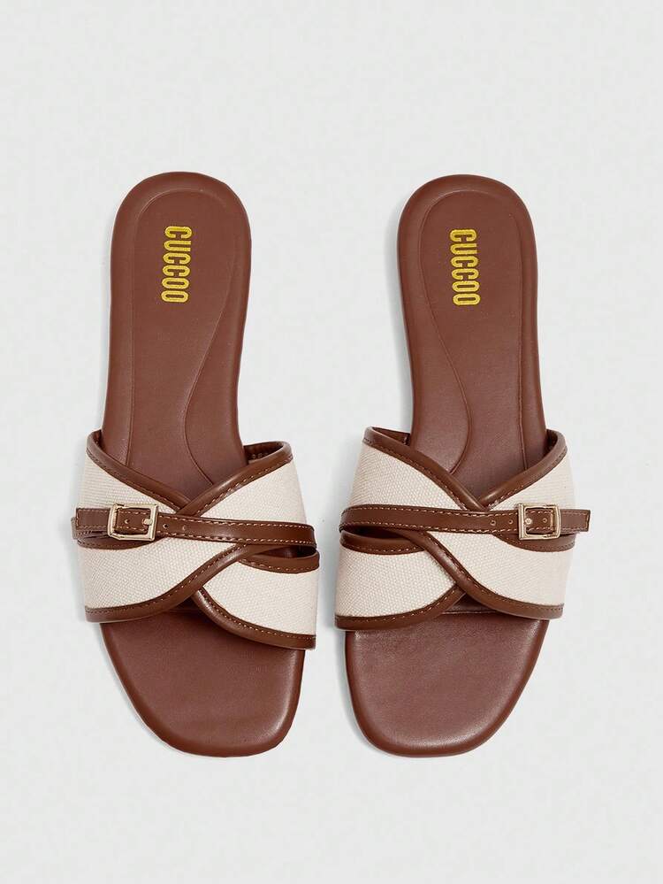 CUCCOO BIZCHIC Women's Fashion Brown Simple Buckle Color Block Flat Sandals Spring Shoes