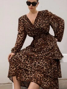 Aveloria Modichic Leopard Print Vintage V-Neck Waist Cinched Plus Size Layered Dress With Long Sleeves - Multicolor - View 4