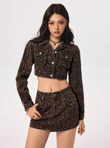 SHEIN EZwear 女式豹纹长袖短款夹克和迷你裙牛仔套装 - 棕色 - 查看 4