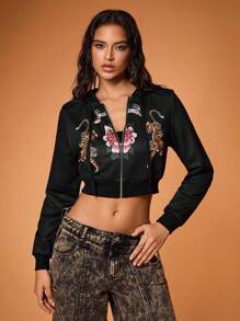 Y2Kool Wild Love Áo nỉ trùm đầu in chữ họa tiết hổ và hoa gợi cảm dành cho nữ, tiệc tùng, hộp đêm, trở lại trường, thu đông, phong cách đường phố Y2K thường ngày - màu đen - Xem 5