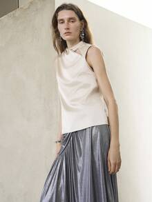 Uhlyne 女式不对称设计无袖露背衬衫，简约法式风格 - 米色 - 查看 6