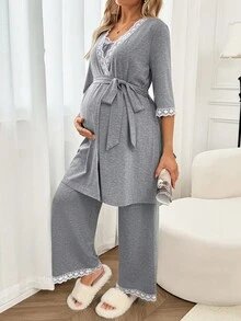 SHEIN 2pcs Maternity Comfortable Casual Lace Trim Jacket & Camisole Top & Pants Set Lingerie Lingerie Set Underwear Women Pajama Pajama Dress Loungewear Nightgown Robe Sleepwear Sleepwear Set Tank Top With Bra - Grey - View 4