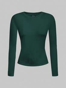 SHEIN EZwear Bộ 2 áo thun dài tay cổ tròn màu đen và xanh lá đậm cho nữ, phù hợp cho mùa thu/đông - Nhiều màu - Xem 3