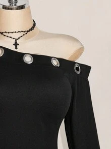 SHEIN ICON Áo len dệt kim tay dài đính lỗ kim loại chéo vai cỡ lớn, thời trang thu đông Y2K cổ điển - màu đen - Xem 7