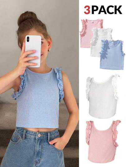 SHEIN 3件套少女针织纯色背心，圆领带荷叶边细节，休闲、上学、校园、大学风格