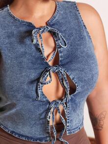 Lupita Cardoza Áo sơ mi denim không tay buộc phía trước hở lưng thường ngày dành cho nữ - Rửa tối - Xem 3