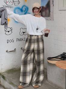 DAZY Pantalones rectos holgados y casuales con bloques de color y cuadros para mujer, adecuados para otoño e invierno en la escuela - Marrón - Ver 6