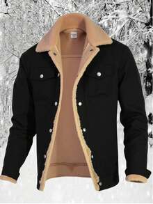 SHEIN 青少年男孩黑色 Sherpa 衬里工装夹克，休闲学院风，舒适实用，百搭柔软面料，适合日常穿着、上学、郊游、户外活动 - 黑色 - 查看 1