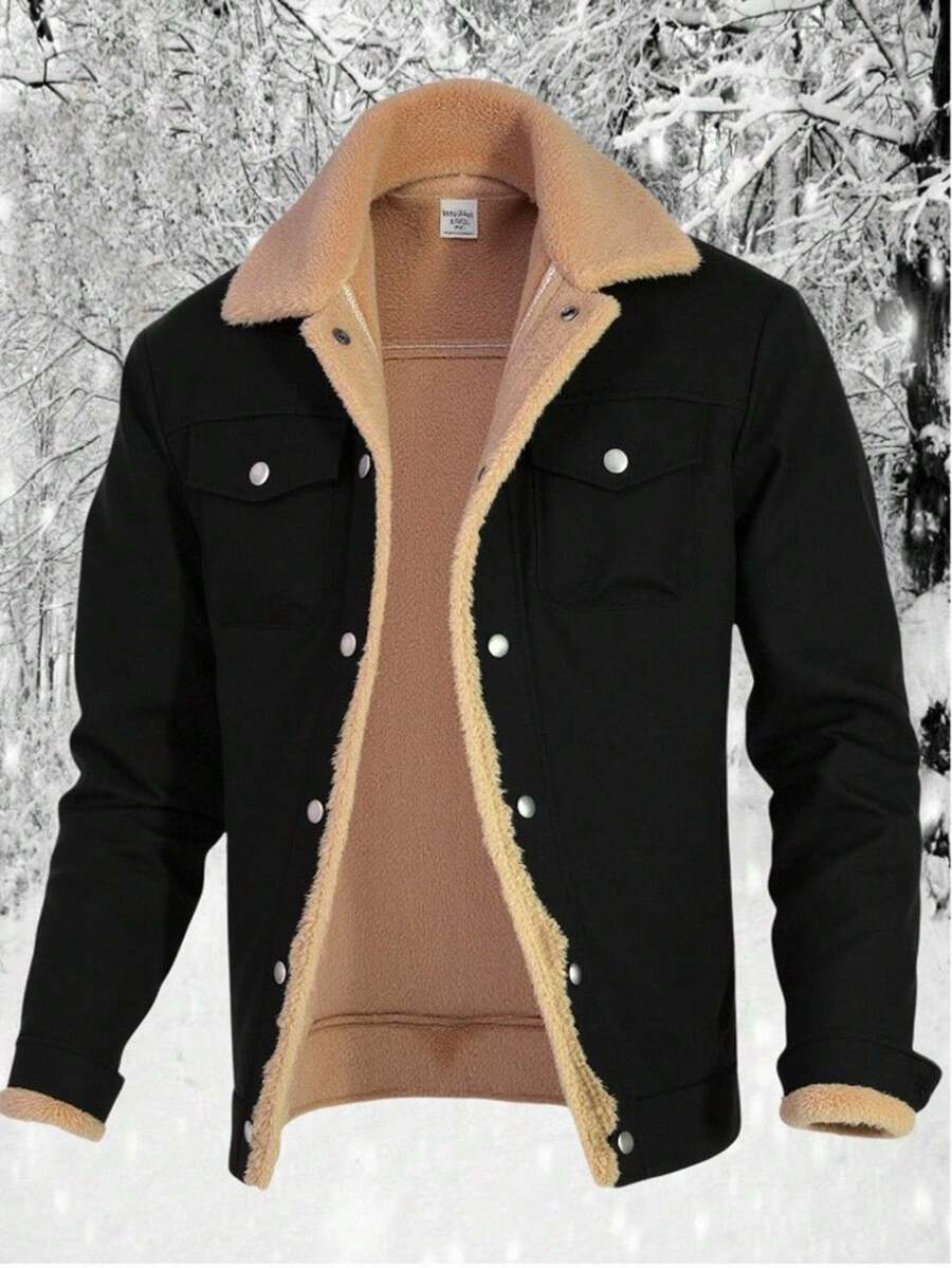 SHEIN 青少年男孩黑色 Sherpa 衬里工装夹克，休闲学院风，舒适实用，百搭柔软面料，适合日常穿着、上学、郊游、户外活动 - 黑色 - 查看 1