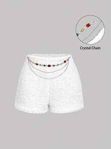 SHEIN MOD Quần short đính kim cương lấp lánh kiểu cổ điển với thắt lưng thanh lịch - Hoàn hảo cho phong cách quý tộc xưa, dự tiệc, hẹn hò, các buổi tiệc, ngày lễ, trang phục công sở, đi học, dự lễ hội Halloween, và các dịp trang trọng khác. - trắng - Xem 3