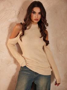 Chiquease Halloween Clothes Fall Women Clothes Women's Fashionable Solid Color Minimalist Ribbed Knit Cold Shoulder Sweater Knit Pullover Fall Winter - Apricot - View 5
