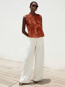 Aveloria Modichic 优雅浪漫百搭法式女式无袖衬衫，白色纹理褶皱透明分层荷叶边领口设计 - 橘色 - 查看 5