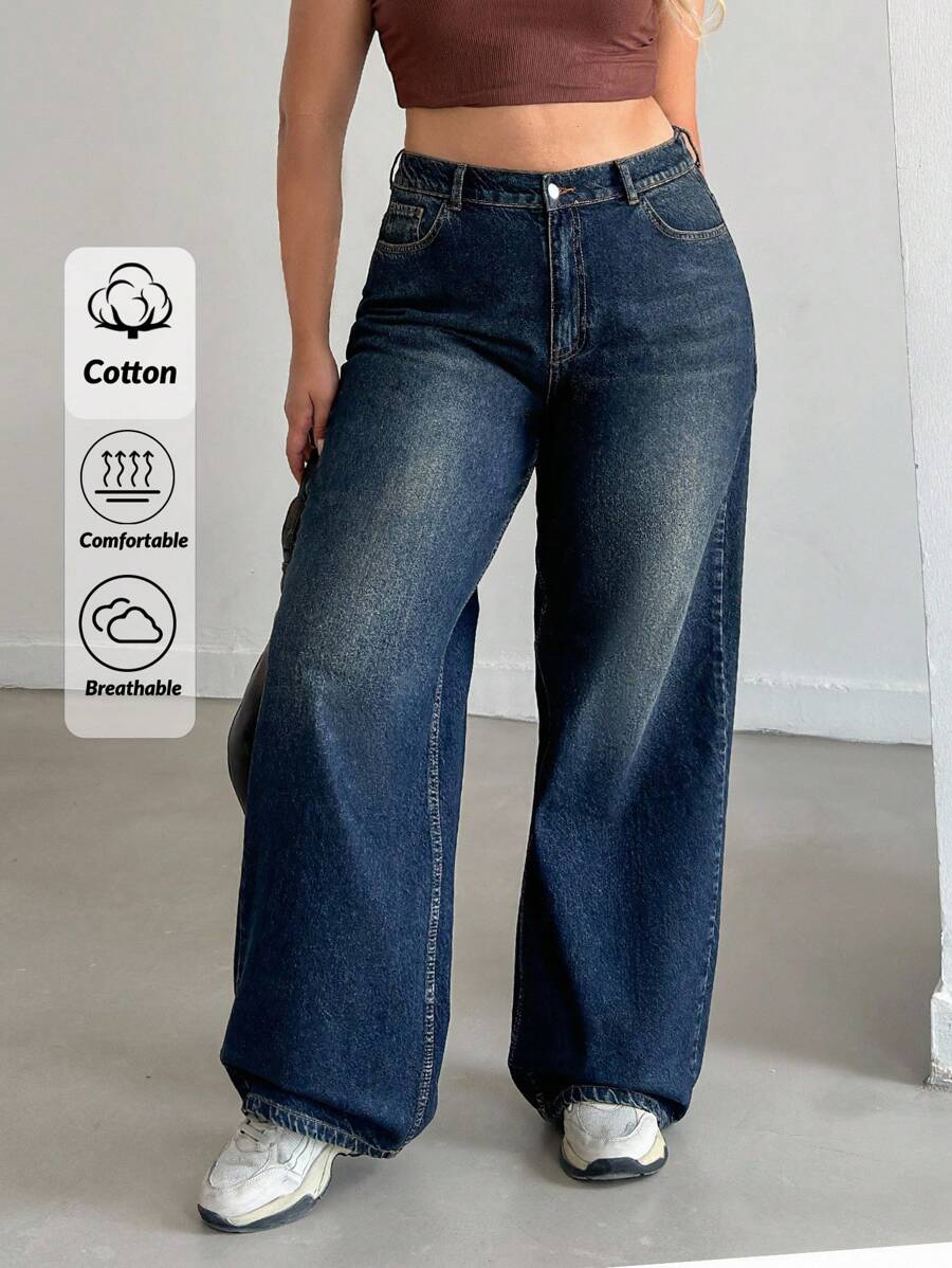 EURMUSE Damskie jeansy z wysokim stanem i szerokimi nogawkami, plus size, w stylu spranym i retro, z kieszeniami - Średni jeans - Zobacz 1