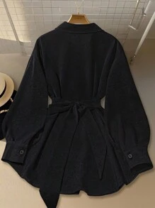 SHEIN CURVE+ 优雅休闲日常金属装饰蝴蝶结后背带大码女式衬衫 - 黑色 - 查看 2