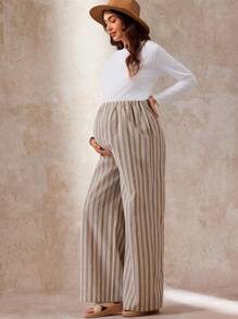 Boho Mama 可调节腰带条纹口袋孕妇宽腿宽松休闲裤 - 杏色 - 查看 4