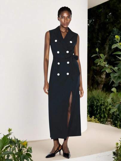 Maija Women's Solid Color Lapel Collar Double-Breasted Waist Tie Front Sleeveless Long Dress Vest Dress Button Dress Tuxedo Dress Women Captains Dinner Dress