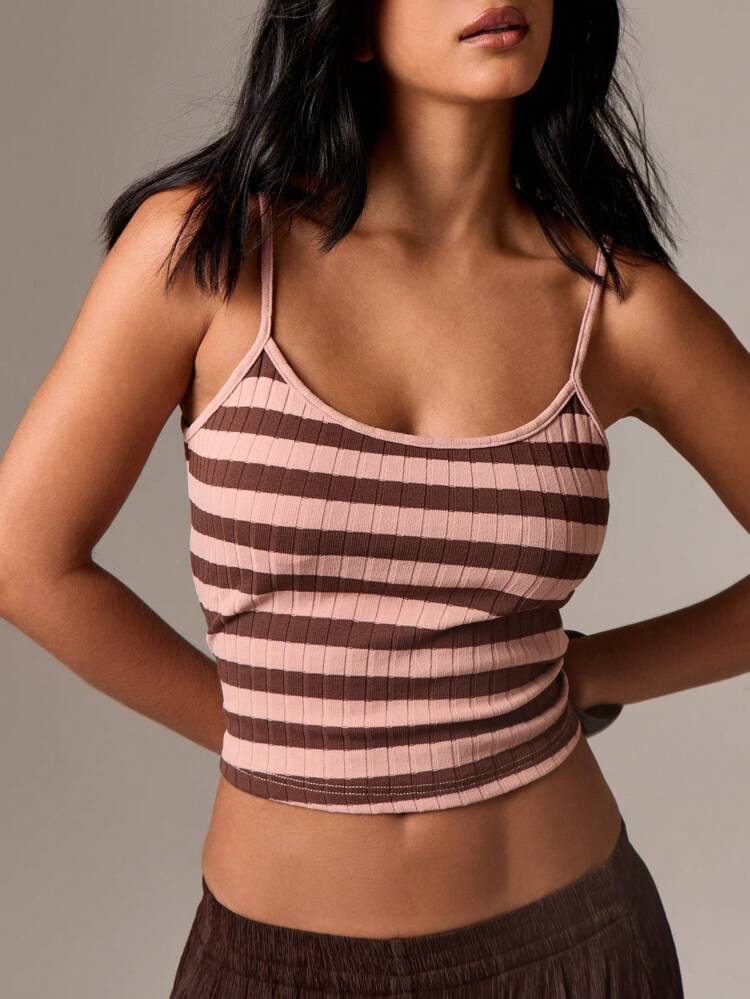 Ribbed Knit Striped Crop Cami With Scoop Neck