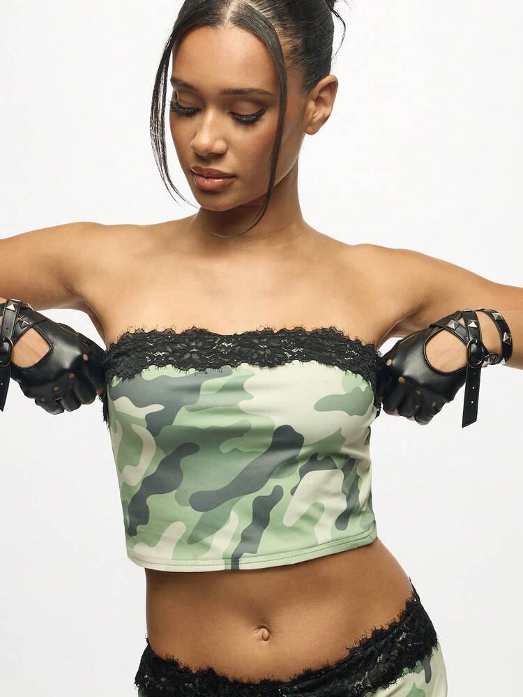 SUMWON WOMEN Lace Trim Camouflage Bandeau Tube Top