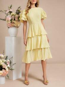 Amorya Women's Solid Color Round Neck Ruffle Hem Elegant Midi Dress - Yellow - View 5