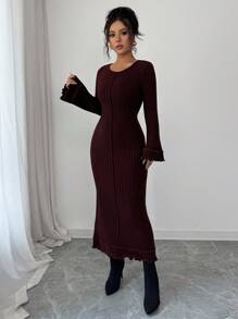 Selianne Váy len tay loe viền bèo nhún dệt kim màu đỏ tía thanh lịch dành cho nữ, tạo nên bầu không khí nhẹ nhàng và lãng mạn - màu nâu - Xem 4
