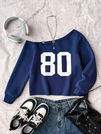 SHEIN 青少年女孩休闲日常时尚斜肩海军蓝长袖 80 字母印花运动衫