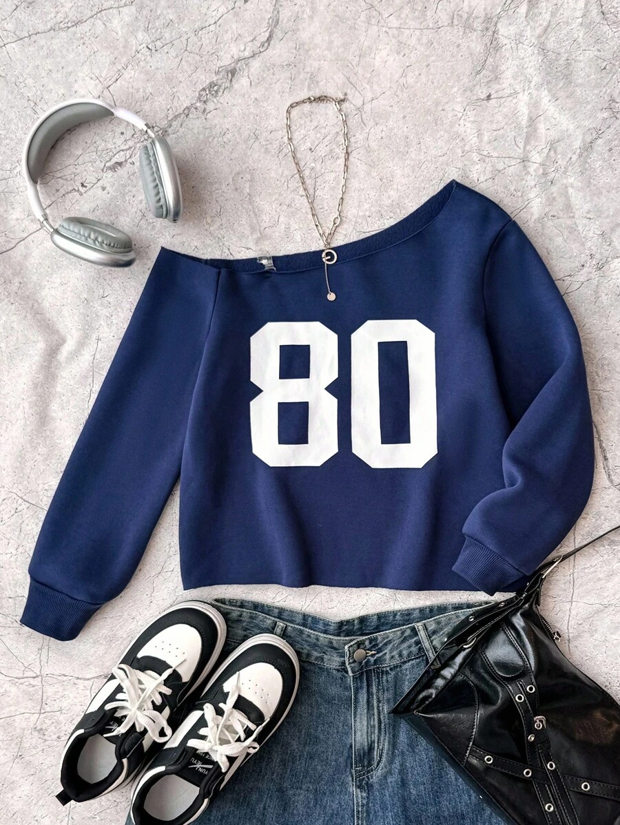 SHEIN 青少年女孩休闲日常时尚斜肩海军蓝长袖 80 字母印花运动衫 - 藏蓝色 - 查看 1