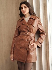 Anewsta Abrigo minimalista y elegante de mujer de doble botonadura, marrón y brillante, de longitud media. Chaqueta cortavientos para mujer, otoño/invierno - Café integral - Ver 6
