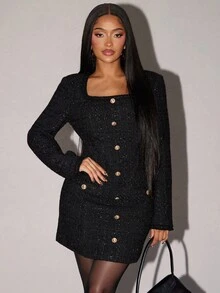 Radiana 女士优雅黑色金属花呢紧身连衣裙，长袖方领连衣裙，时尚商务装，适合约会、聚会、生日、派对、通勤、正式场合 - 黑色 - 查看 6