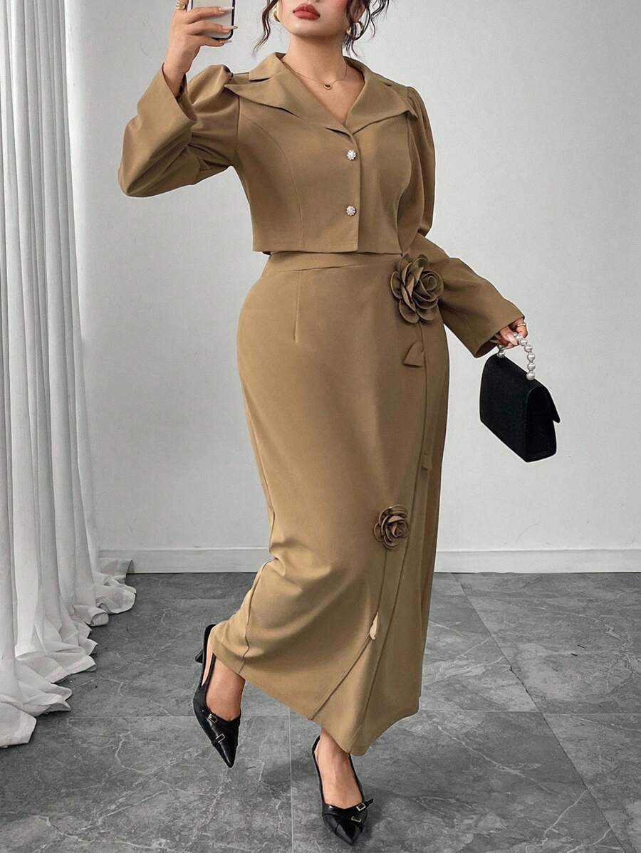 Modelyn 2件套加大码纯色长袖碎花长裙套装 - 卡其色 - 查看 1