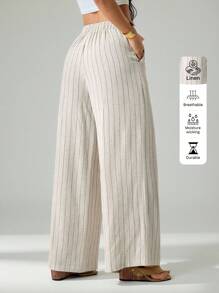 SHEIN PETITE Casual Extra Long Plain Wide Leg Pants For Women With Drawstring Waist And Apricot Finish Striped Linen Pants,Fall Clothes For Women Women Summer Pants Women Wide Leg Linen Pants