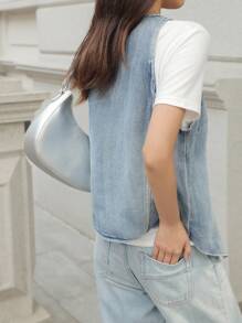 SHEIN EZwear Women's Nostalgic Washed Blue Vacation Denim Top, V-Neck Pocket Summer Sleeveless Denim Vest Top