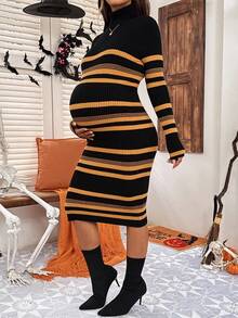 SHEIN Váy len ôm dáng dài tay cổ lọ kẻ sọc cho bà bầu - Nhiều màu - Xem 6