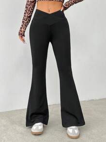 SHEIN PETITE Simple Solid Color Wrap High Waist Flared Pants - Black - View 7
