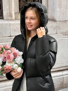 EURMUSE Veste matelassée brillante avec capuche, fermeture éclair frontale, design matelassé, poches latérales, chaude et légère, vêtement d'extérieur casual pour l'hiver, tissu imperméable