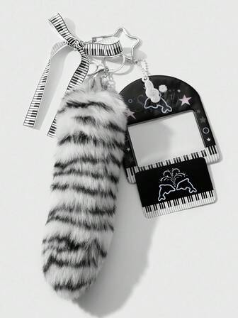Grunge Punk 1 pieza Cola de animal de peluche versátil y minimalista con estilo retro Y2K, elemento musical con teclas de piano, lazo de cinta, nota musical horizontal de PVC, delfín y estrella brillante, soporte para tarjetas, llavero y accesorio para bolso, adecuado para mujeres, uso diario y regalo de vacaciones
