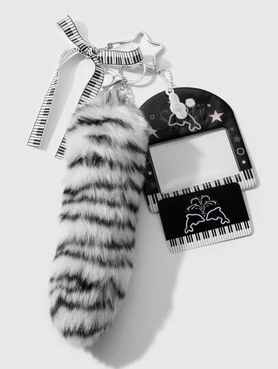 Grunge Punk 1pc Y2K Retro Cute Minimalist Versatile Gradient Plush Animal Faux Tail, Musical Element Piano Keys Ribbon Bow Horizontal PVC Music Note Dolphin Star Glossy Card Holder, DIY Keychain Bag Charm, Suitable For Women, Daily Wear, Holiday Gift