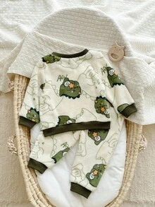 SHEIN 2 件套婴儿男童/女童休闲舒适卡通恐龙印花长袖睡衣套装，秋冬