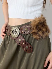 ROMWE Hippie 1 件女士棕色豹纹毛绒椭圆形珠饰波西米亚西部风格腰带，百搭连衣裙、牛仔裤配饰 - 咖啡 - 查看 4