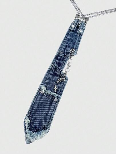 Grunge Punk Cravate en métal style punk Y2K, motif anneau décoratif, multi-œillets et multi-poches, effet vieilli, accessoire au design unique et à la mode.
