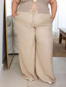 Pretty and Ole Pantaloni larghi con vita media e coulisse, abbigliamento vacanziero elegante e carino per l'estate - Cachi - Visualizzare 4