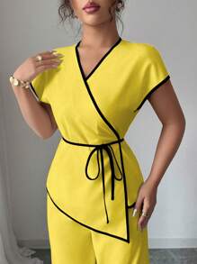 Elenzga 女式不对称下摆蝙蝠袖上衣和阔腿裤时尚两件套 - 黃色 - 查看 3