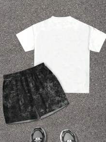 SHEIN 青少年男童两件套休闲纯色圆领短袖套装，夏季 - 白色 - 查看 2