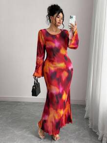 Elenzga Plus Size Crew Neck Long Puff Sleeve Floral Print Pleated Fitted Dress, For Christmas Maxi Women Outfit Fall Cloth For Women - Multicolor - View 9