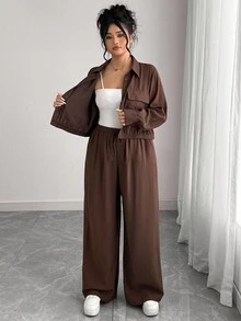 Elenzga 大码女式法式浪漫西西里优雅休闲通勤度假纯棕色衬衫领隐形门襟松紧下摆长袖衬衫 + 松紧腰工装裤套装，春/秋/冬棕色两件套女式两件套裤装女式棕色裤装两件套女式套装女式 - 棕色 - 查看 8