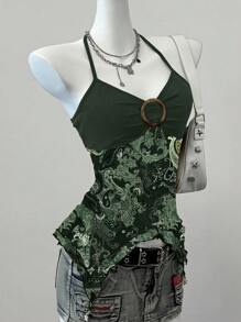 SHEIN EZwear 女式休闲复古花卉印花网眼吊带背心，适合夏季 - 墨綠色 - 查看 5