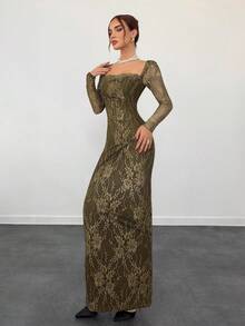 Aloruh 女士秋冬新款性感 S 形蕾丝长袖紧身胸衣美人鱼长款紧身连衣裙，适合派对、约会、晚会 - 軍綠色 - 查看 4