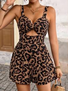 Brillora 度假用編織豹紋前中空設計寬鬆女式連身褲，配細肩帶