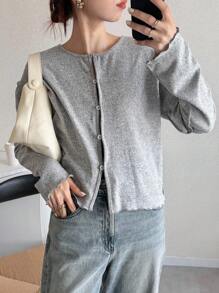 FRIFUL Women's Solid Gray Round Neck Long Sleeve Contrast Trim Button Loose Casual Versatile T-Shirt Autumn - Grey - View 5