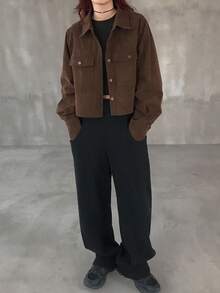 FRIFUL Women's Solid Coffee Brown Shirt Collar Casual Versatile Long Sleeve Jacket With Pocket Decor, Autumn - Coffee Brown - View 2